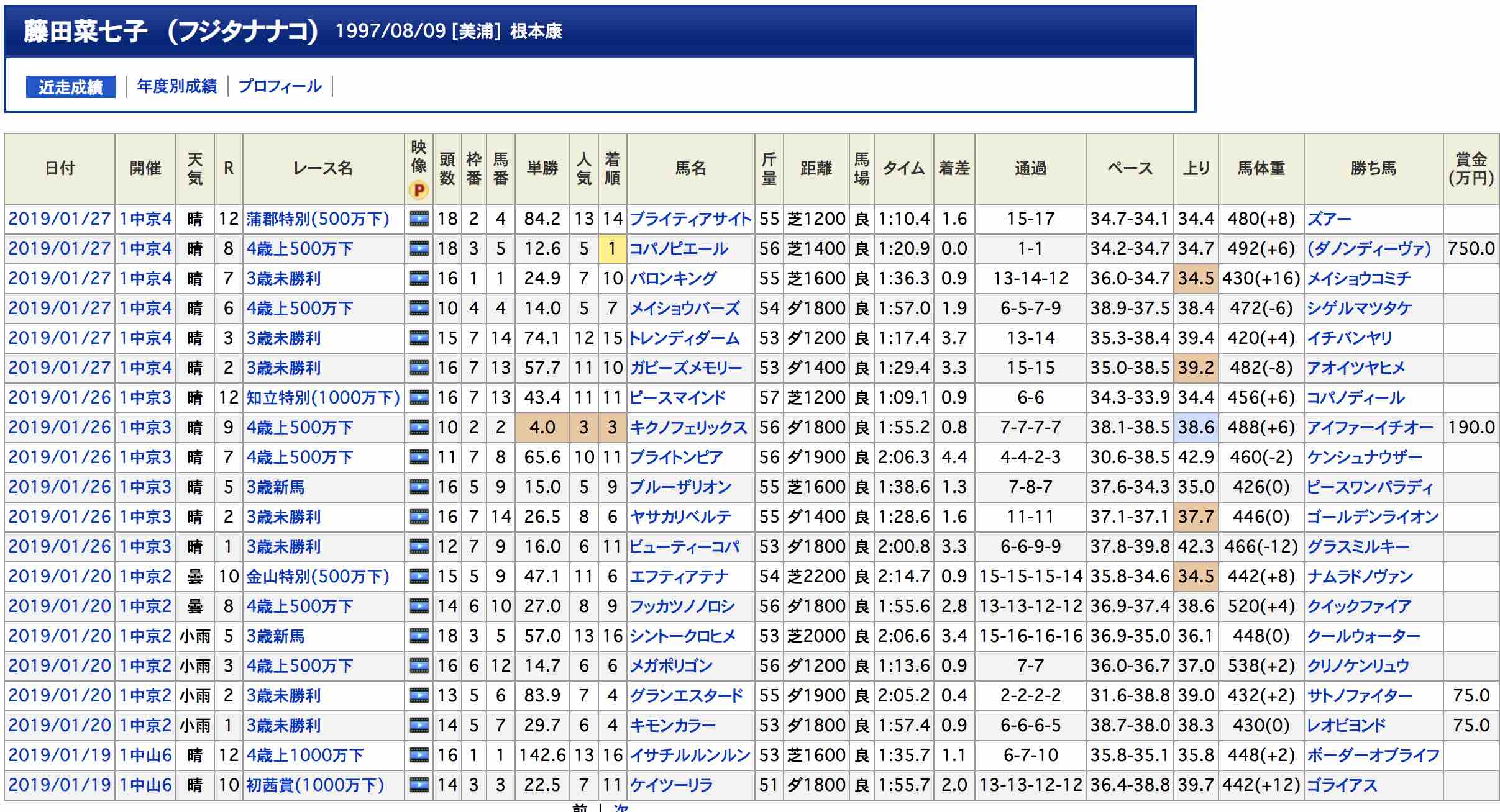 藤田菜七子騎手の2019年の成績